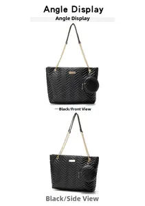 Detail of black quilted tote bag with gold chain strap and wave pattern embossed texture
