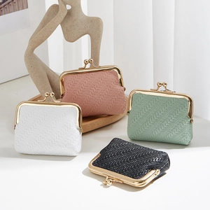 Women Woven Texture Shell Coin Purse Mini PU Leather Kiss-Lock Clutch Bag Retro Small Wallet For Coins Keys Earphones