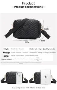 Size chart showing 20x14x8cm dimensions for the quilted heart crossbody camera bag