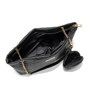 2-piece set of black wave-quilted tote bags with gold chain straps and a small coin pouch