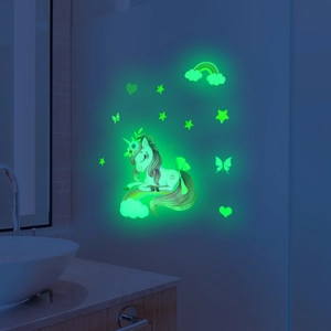 Luminous unicorn and stars wall stickers glowing in the dark bathroom setting