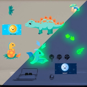 Glow in the dark dinosaur wall stickers showing daytime and night luminous green effects
