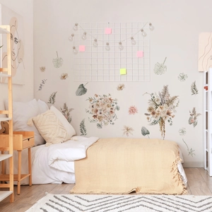 Bohemian floral wall stickers with hand-painted leaves and flowers for bedroom decor