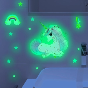 Luminous green unicorn wall decals with rainbow and stars for bathroom and home decoration