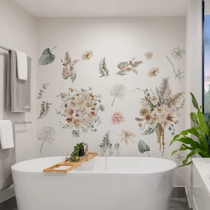 Bohemian floral wall stickers with leaves and bouquets in a cozy bathroom setting