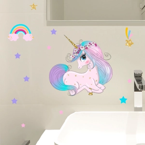 Glow-in-the-dark unicorn and rainbow wall stickers for bathroom and kids room decor