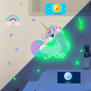 Luminous unicorn wall stickers showing glowing effect comparison in day and night