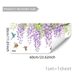Adesivi murali con glicine viola e colibrì, decorazione autoadesiva da 60x30cm