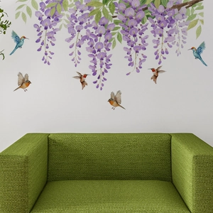 Adesivi murali autoadesivi con glicine viola e colibrì per decorare il soggiorno e la camera