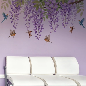 Adesivo murale autoadesivo con glicine viola e colibrì per la decorazione della casa