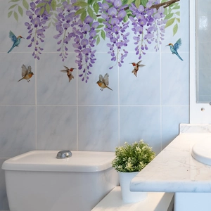 Adesivi murali autoadesivi con glicine viola e colibrì per la decorazione della camera