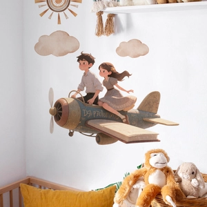 Cartoon boy and girl flying airplane wall decal for kids bedroom nursery decoration