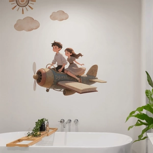 Cartoon boy and girl flying a book plane wall sticker for kids bedroom decor
