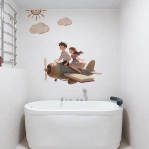 Hand-painted boy and girl flying vintage book airplane wall sticker in kid's room decor