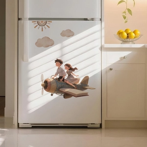 Detail of hand-painted kids airplane wall decals on a modern refrigerator surface