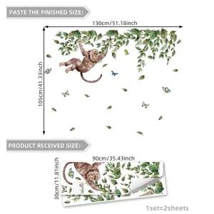 Jungle monkeys and green leaves watercolor wall decals for kids room decor 130x105cm