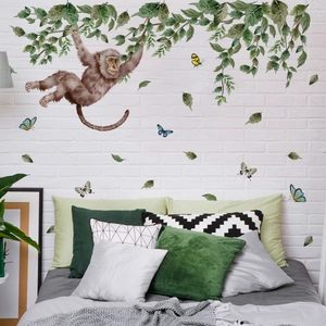 Monkey Jungle Green Leaves Vines Butterfly Wall Sticker Watercolor PVC Self Adhesive Children Nursery Room Decor Animal Nature