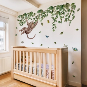 Watercolour monkey and green leaves wall sticker set for nursery and kids room decor