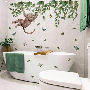 Watercolor monkey with green leaves and butterflies self-adhesive wall stickers for nursery