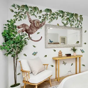 Watercolor monkey with tropical leaves and butterflies wall decal for kids bedroom