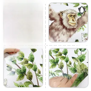 Waterproof watercolor monkey wall sticker detail with green leaves and vine design