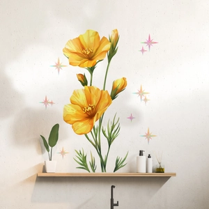Self-adhesive orange floral wall stickers with colorful stars for bedroom decor