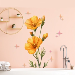 Self-adhesive orange floral wall decals with iridescent star accents for bathroom decor