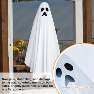 Detailed view of white ghost window clings showing double-sided color printing on glass