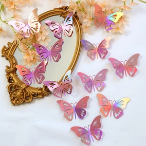 12 Stück 3D Schmetterling Wandsticker Set in Rosa-Violett mit glänzender Laser-Optik