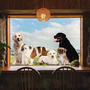 Dog window decals featuring golden retriever and bulldog with double-sided visual design