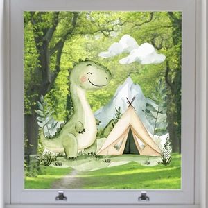 Watercolor dinosaur and tent window stickers for children's room glass decor