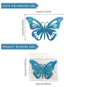 Size chart for blue glitter 3D butterfly wall stickers featuring 12 sheets per set