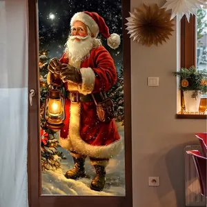 3D Santa Claus window sticker with lantern and snowy night scene for Christmas decor