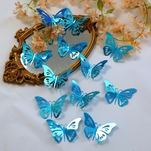3D glitter blue hollow butterfly wall stickers set for living room home decoration