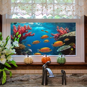 Sticker de fenêtre 3D monde sous-marin avec récifs coralliens et poissons tropicaux décor