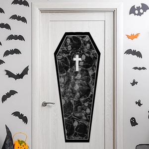 Halloween coffin door sticker with skull pattern and white cross for home decoration