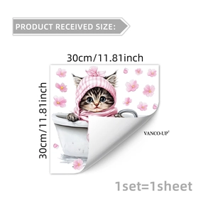 Cute cat in bathtub wall sticker with cherry blossoms, waterproof 30x30cm DIY decor