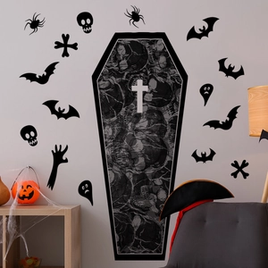 Halloween wall sticker set featuring black coffin, bats, and ghosts for home decor