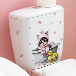 Cartoon Cat Bathtub Wall Sticker Waterproof PVC Removable Bathroom Decor Cute Animal Pink Cherry Blossom Decal For Home Bathroom Bathtub Decoration