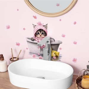 Cute cartoon cat in bathtub wall sticker with pink cherry blossoms for bathroom decor
