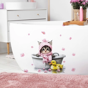 Cartoon cat in bathtub wall sticker with rubber duck and pink flower petals for bathroom decor