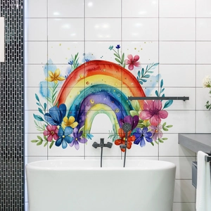 Vinilos decorativos de arcoíris y flores en acuarela sobre bañera moderna