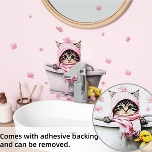 Detail of self-adhesive cat bath wall sticker featuring a kitten in a bathtub