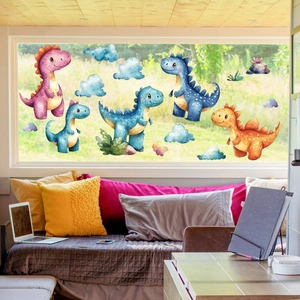 Watercolor Cartoon Dinosaur Wall Stickers Static Window Clings PVC Decals Kids Room Bedroom Home Decor Animal Print