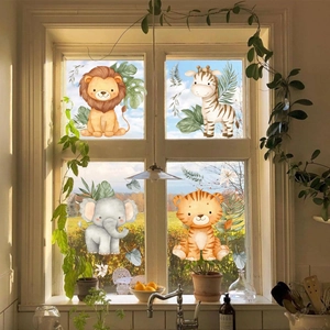 Watercolor Cartoon Animal Wall Stickers PVC Waterproof Lion Zebra Kids Room Bathroom Window Glass Decor Cute Nursery