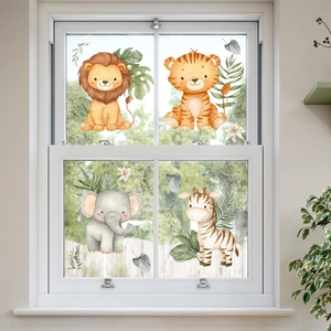 Watercolor jungle animal window stickers featuring lion zebra and elephant for kids room
