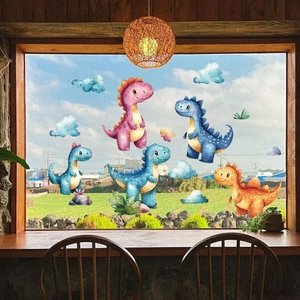 Cartoon dinosaur and cloud window stickers with double-sided watercolor design