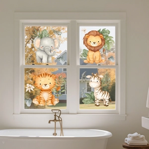 Cartoon animal window decals with lion zebra and plants for bathroom glass decoration