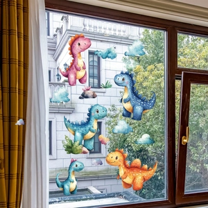 Watercolor cartoon dinosaur window clings with green plants for home glass decoration
