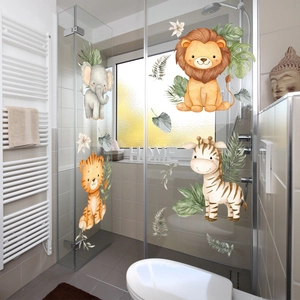 Jungle animals watercolor decals with lion and zebra on bathroom shower glass